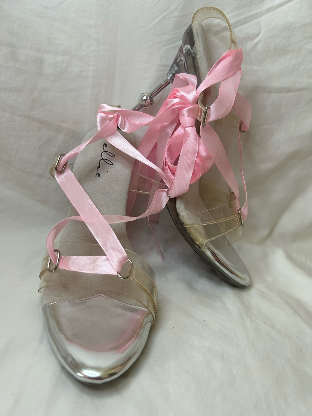 Ellie Shoes Silver Clear Stiletto Heels Pink Ribbon Lace Up Plus Size 11